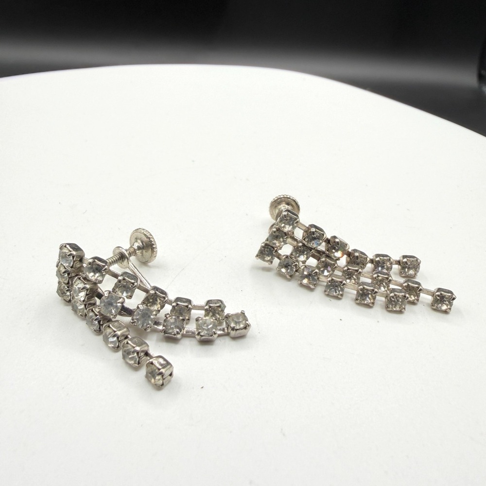 Silver Tone Clear Rhinestone Waterfall Screw Back Dangle Earrings Bridal Glam
